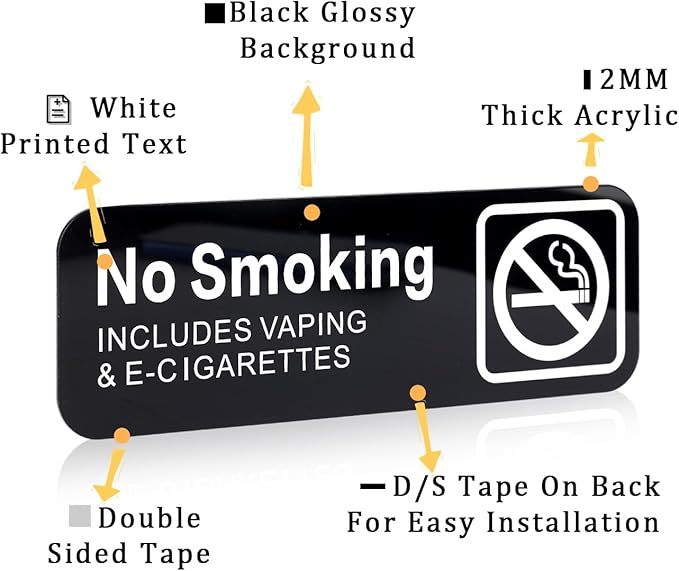 No Smoking No Vaping Sign for Business, 9x3 Inch Acrylic No Smoking Signs Self Adhesive No Smoking or No Vaping Sign