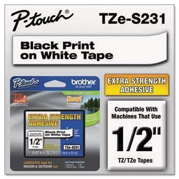 Brother P-Touch® TZe Extra-Strength Adhesive Laminated Labeling Tape, 1/2w, Black on White - Janitorial Superstore