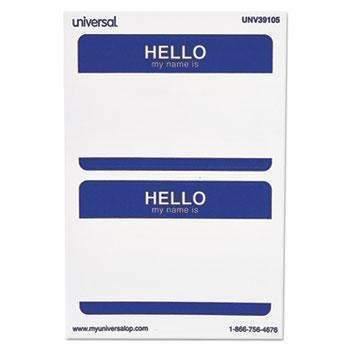 Universal® "Hello" Self-Adhesive Name Badges, 3 1/2 x 2 1/4, White/Blue, 100/Pack - Janitorial Superstore