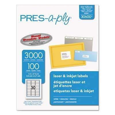 PRES-a-ply® Laser Address Labels, 1 x 2 5/8, White, 3000/Box - Janitorial Superstore