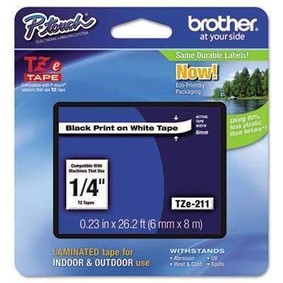 Brother P-Touch® TZe Standard Adhesive Laminated Labeling Tape, 1/4"w, Black on White - Janitorial Superstore