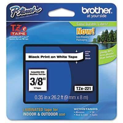 Brother P-Touch® TZe Standard Adhesive Laminated Labeling Tape, 3/8"w, Black on White - Janitorial Superstore