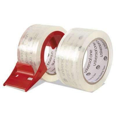 Universal® Heavy-Duty Acrylic Box Sealing Tape w/Disp, 48mm x 50m, 3" Core, Clear, 2/Pack - Janitorial Superstore